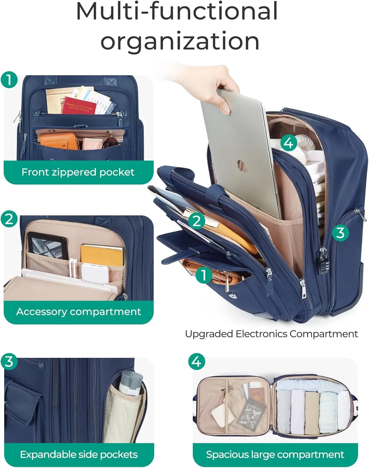 BAGSMART Carry on Luggage with Wheels, 16-inch Underseat Travel Suitcase Airline approved, Lightweight Softside Carry-on Luggage for Airplanes Women Overnight Rolling Bags for Short Trip, Navy Blue