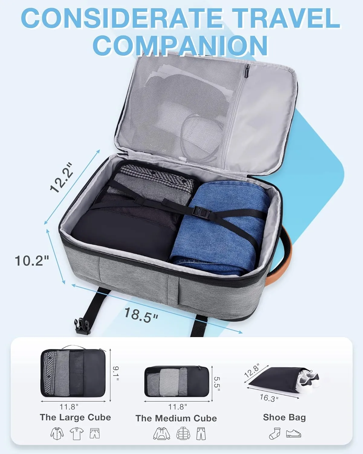 BAGSMART Compression Travel Backpack, 40L Expandable Airline Approved Carry On Backpack with Packing Cubes, Water Resistant Weekender Backpack Fits 17 Inch laptop, Luggage Daypack with Shoe Bag, Grey