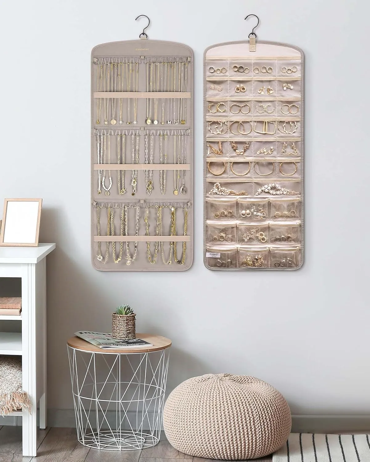 BAGSMART Hanging Jewelry Organizer, Necklace Holder Anti-tangle Earrings Rings Hanger with Pockets Hang on Closet, Wall, Door,1 Piece, Large Warm Gray