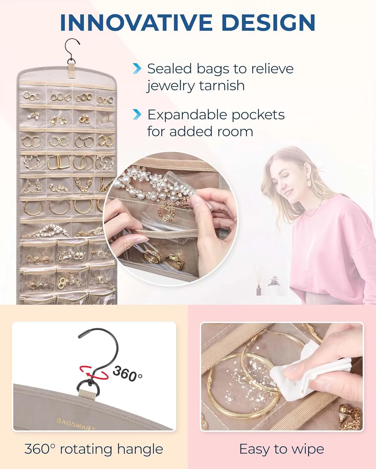 BAGSMART Hanging Jewelry Organizer, Necklace Holder Anti-tangle Earrings Rings Hanger with Pockets Hang on Closet, Wall, Door,1 Piece, Large Warm Gray