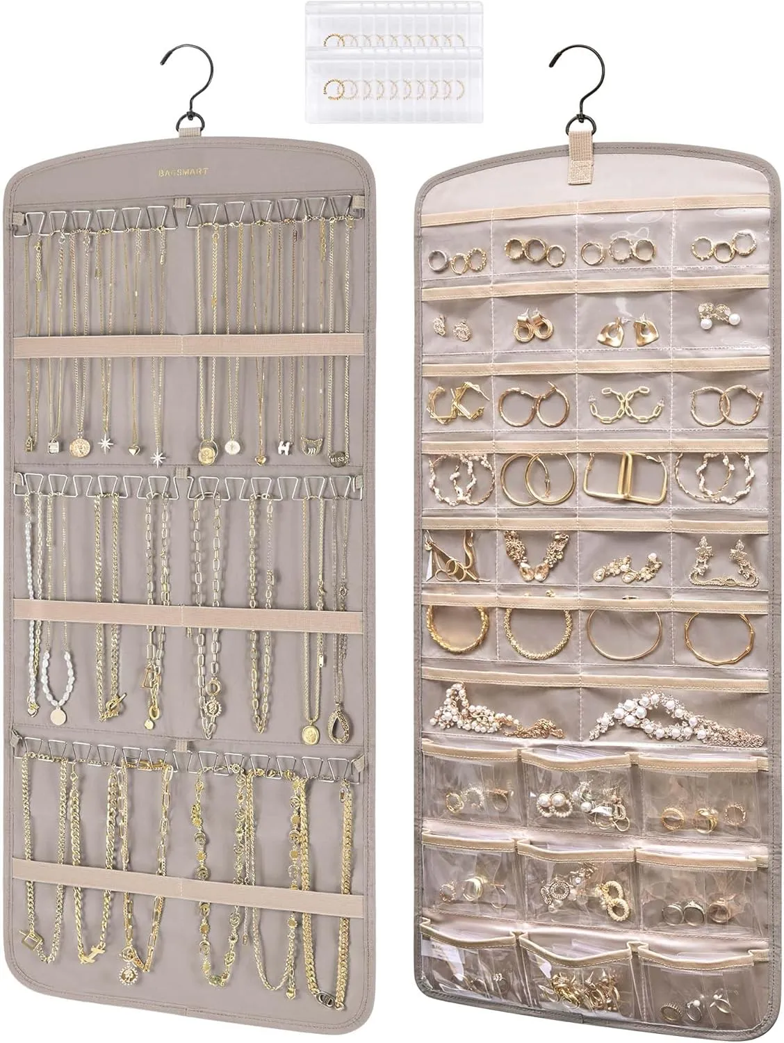 BAGSMART Hanging Jewelry Organizer, Necklace Holder Anti-tangle Earrings Rings Hanger with Pockets Hang on Closet, Wall, Door,1 Piece, Large Warm Gray