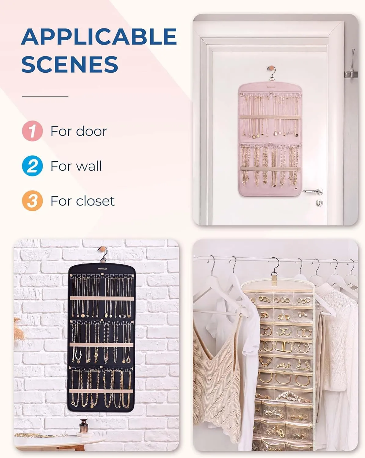 BAGSMART Hanging Jewelry Organizer, Necklace Holder Anti-tangle Earrings Rings Hanger with Pockets Hang on Closet, Wall, Door,1 Piece, Large Warm Gray