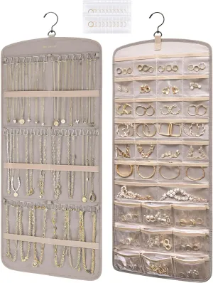 BAGSMART Hanging Jewelry Organizer, Necklace Holder Anti-tangle Earrings Rings Hanger with Pockets Hang on Closet, Wall, Door,1 Piece, Large Warm Gray