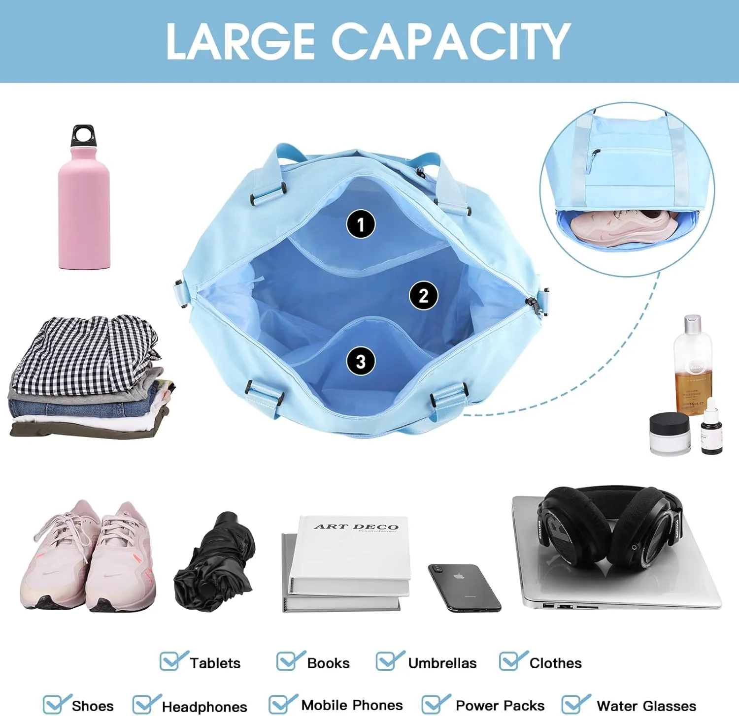 BALEINE Travel Tote Bag for Women, Weekender Carry-on Tote, Large Duffel Bag Gym Bag Overnight Bag with Wet Compartment