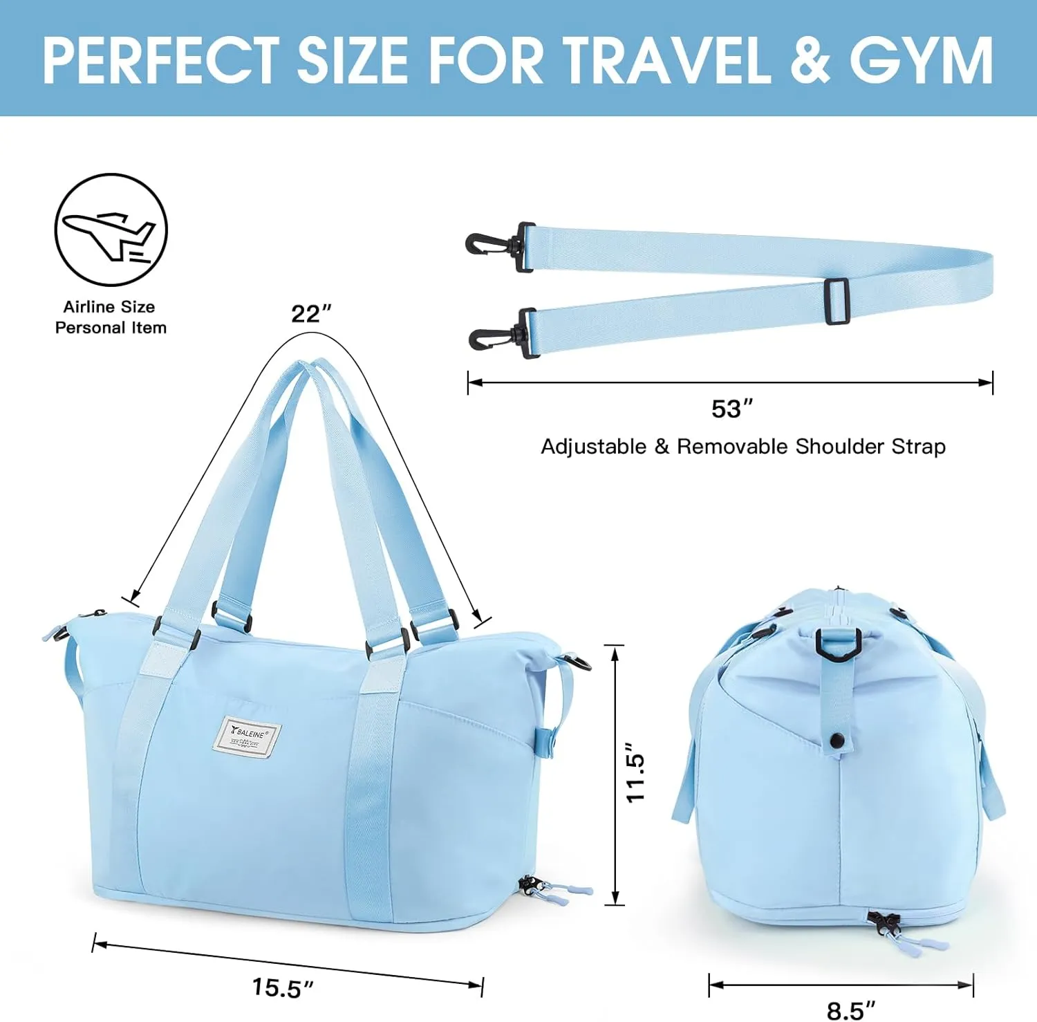 BALEINE Travel Tote Bag for Women, Weekender Carry-on Tote, Large Duffel Bag Gym Bag Overnight Bag with Wet Compartment