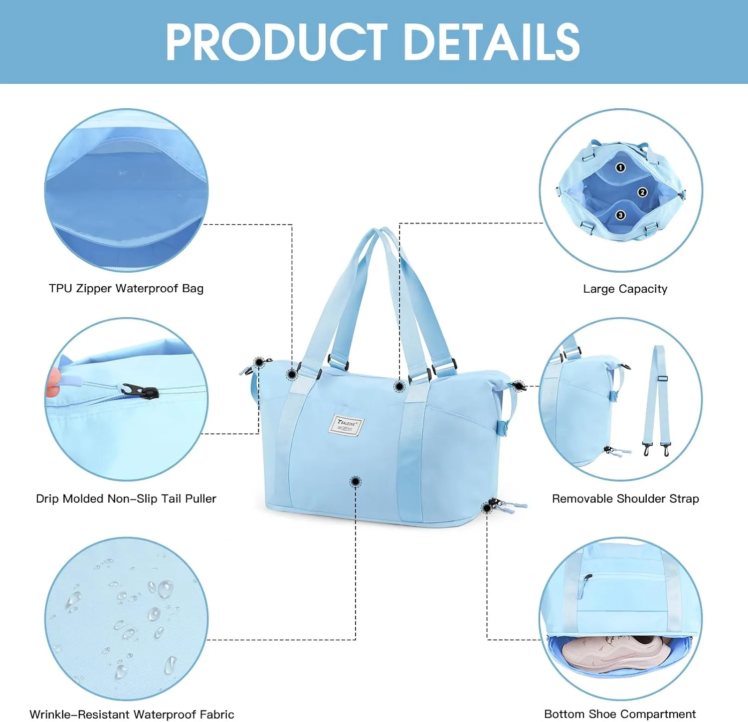 BALEINE Travel Tote Bag for Women, Weekender Carry-on Tote, Large Duffel Bag Gym Bag Overnight Bag with Wet Compartment