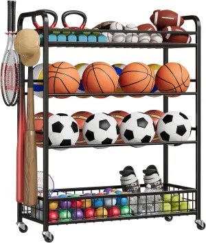 Ball Storage Rack,Rolling Ball Storage with Baseball Bat Holder and Hooks,Sports Equipment Storage with Wheels for Volleyball,Football and Basketball Accessories