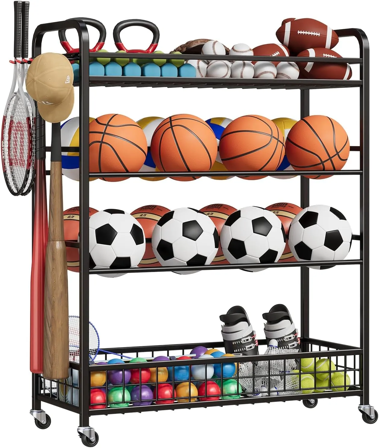 Ball Storage Rack,Rolling Ball Storage with Baseball Bat Holder and Hooks,Sports Equipment Storage with Wheels for Volleyball,Football and Basketball Accessories