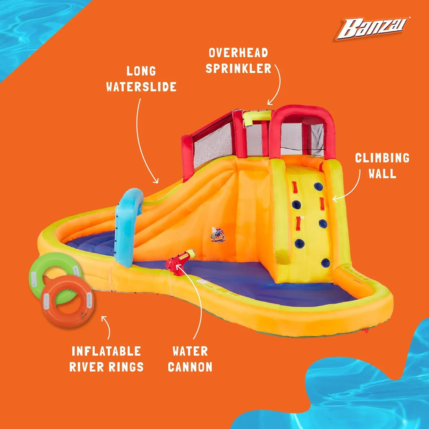 Banzai Lazy River Inflatable Water Park with Waterslide, Water Cannon, and Splash Pool
