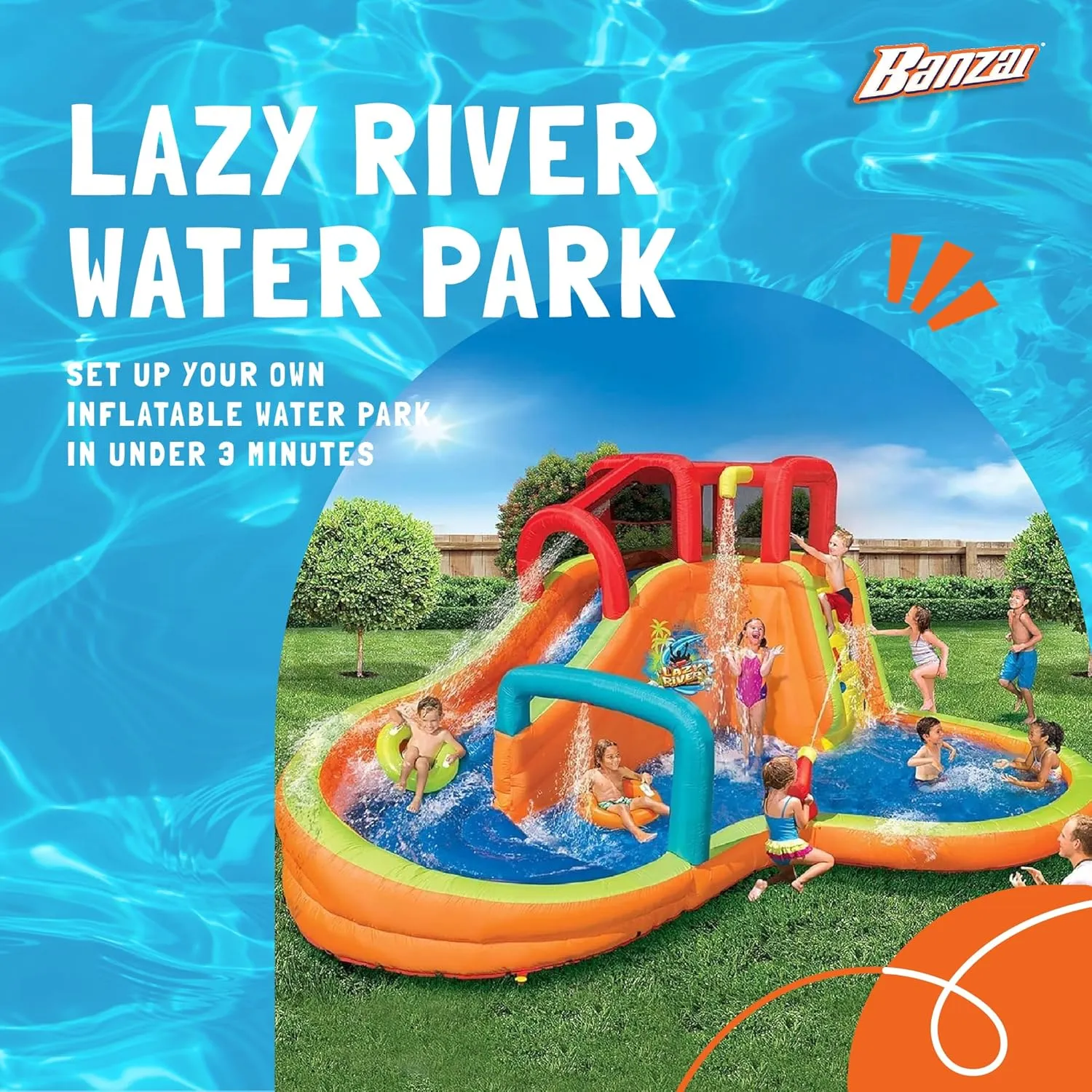 Banzai Lazy River Inflatable Water Park with Waterslide, Water Cannon, and Splash Pool