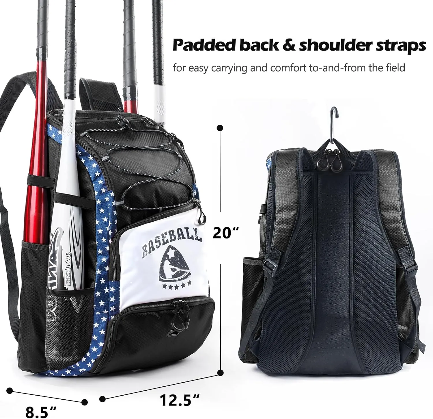 Baseball Bag for Youth & Adult with 4 Bat Sleeves - Softball Bat Bag with Shoe Compartment - Baseball Backpack for T-Ball, Softball Equipment, Baseball Gear, Baseball Bags for Boys 8-12