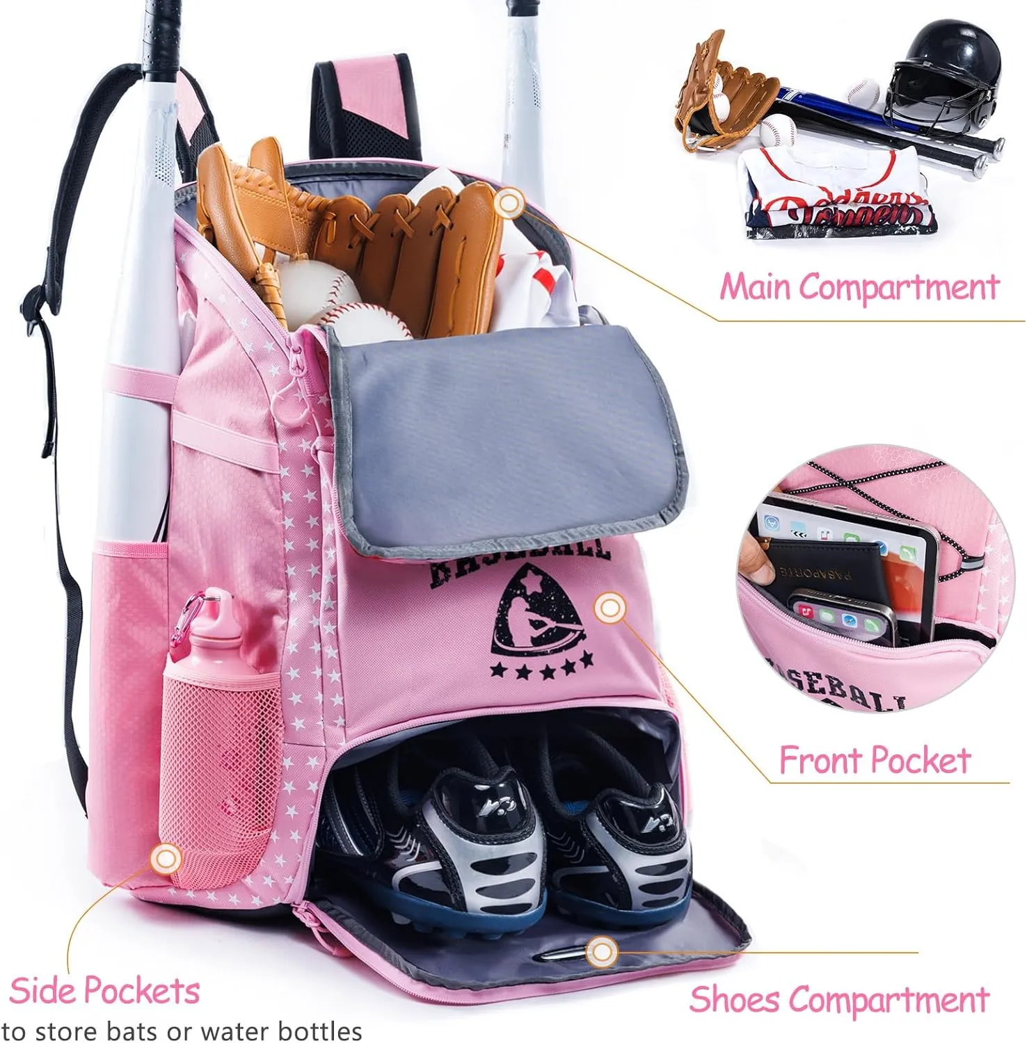Baseball Bag for Youth & Adult with 4 Bat Sleeves - Softball Bat Bag with Shoe Compartment - Baseball Backpack for T-Ball, Softball Equipment, Baseball Gear, Baseball Bags for Boys 8-12