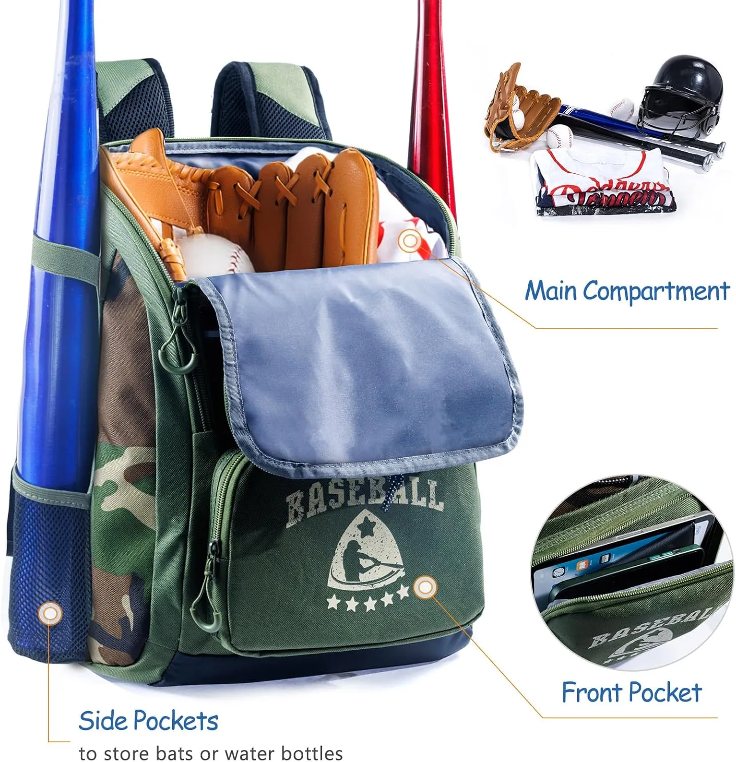 Baseball Bag for Youth & Adult with 4 Bat Sleeves - Softball Bat Bag with Shoe Compartment - Baseball Backpack for T-Ball, Softball Equipment, Baseball Gear, Baseball Bags for Boys 8-12