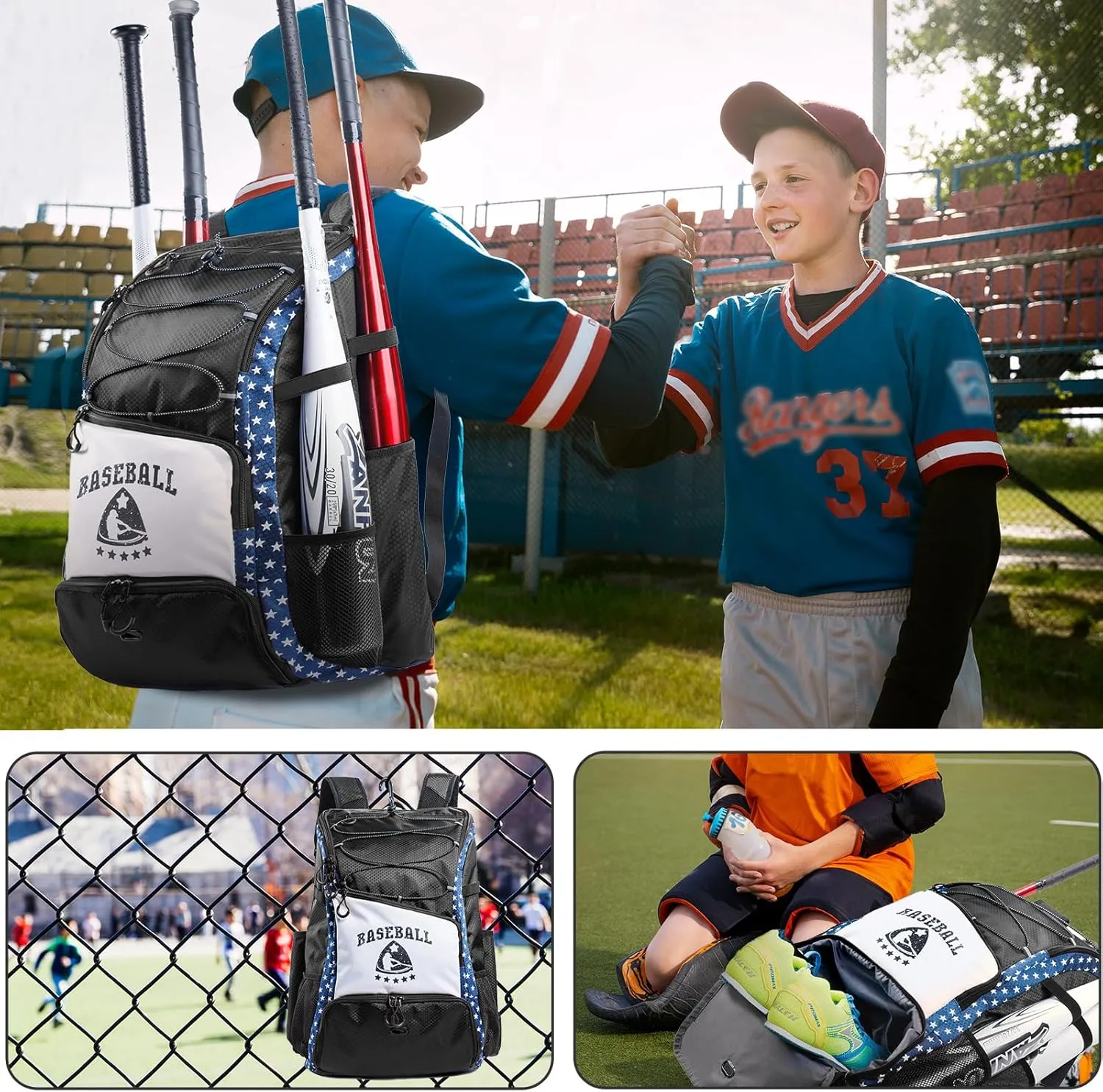 Baseball Bag for Youth & Adult with 4 Bat Sleeves - Softball Bat Bag with Shoe Compartment - Baseball Backpack for T-Ball, Softball Equipment, Baseball Gear, Baseball Bags for Boys 8-12