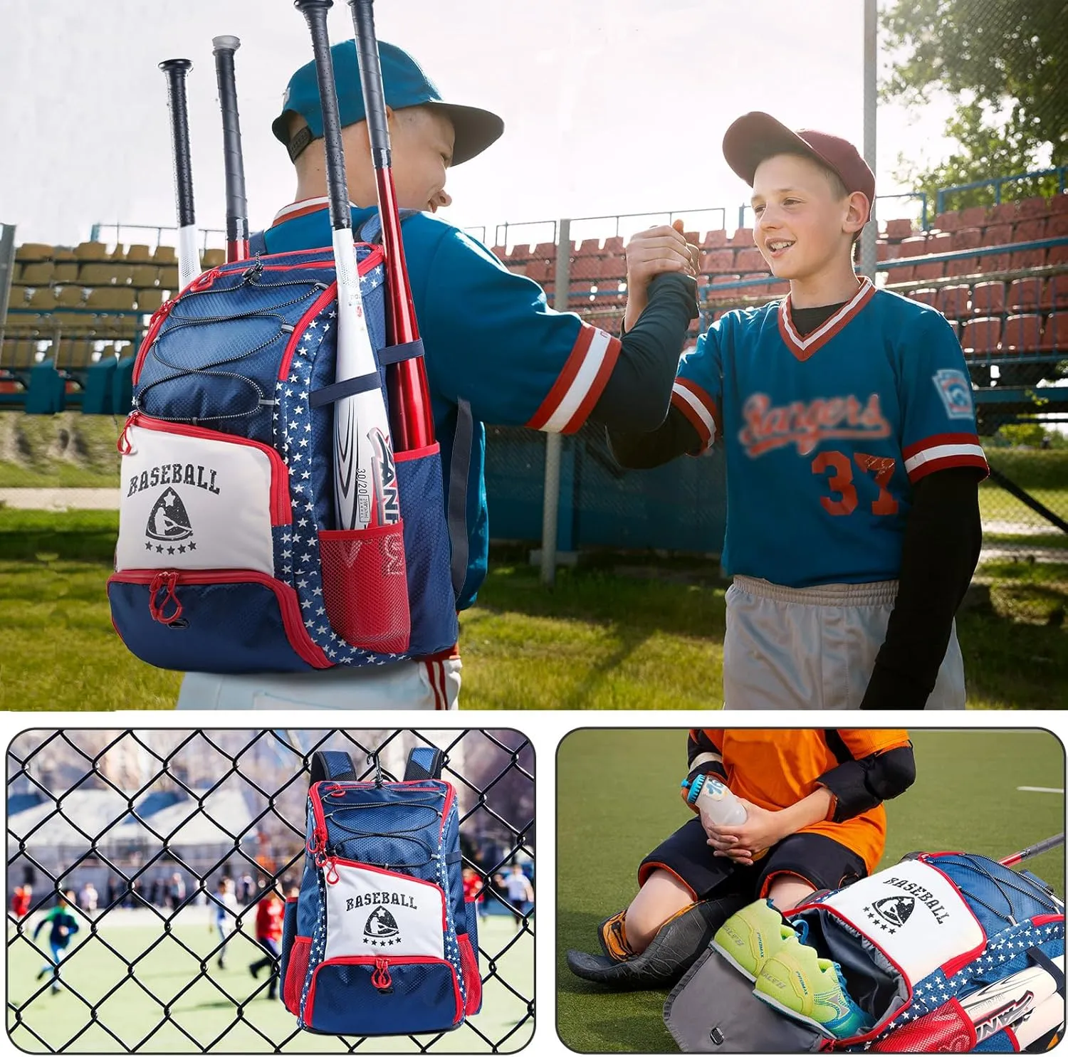 Baseball Bag for Youth & Adult with 4 Bat Sleeves - Softball Bat Bag with Shoe Compartment - Baseball Backpack for T-Ball, Softball Equipment, Baseball Gear, Baseball Bags for Boys 8-12