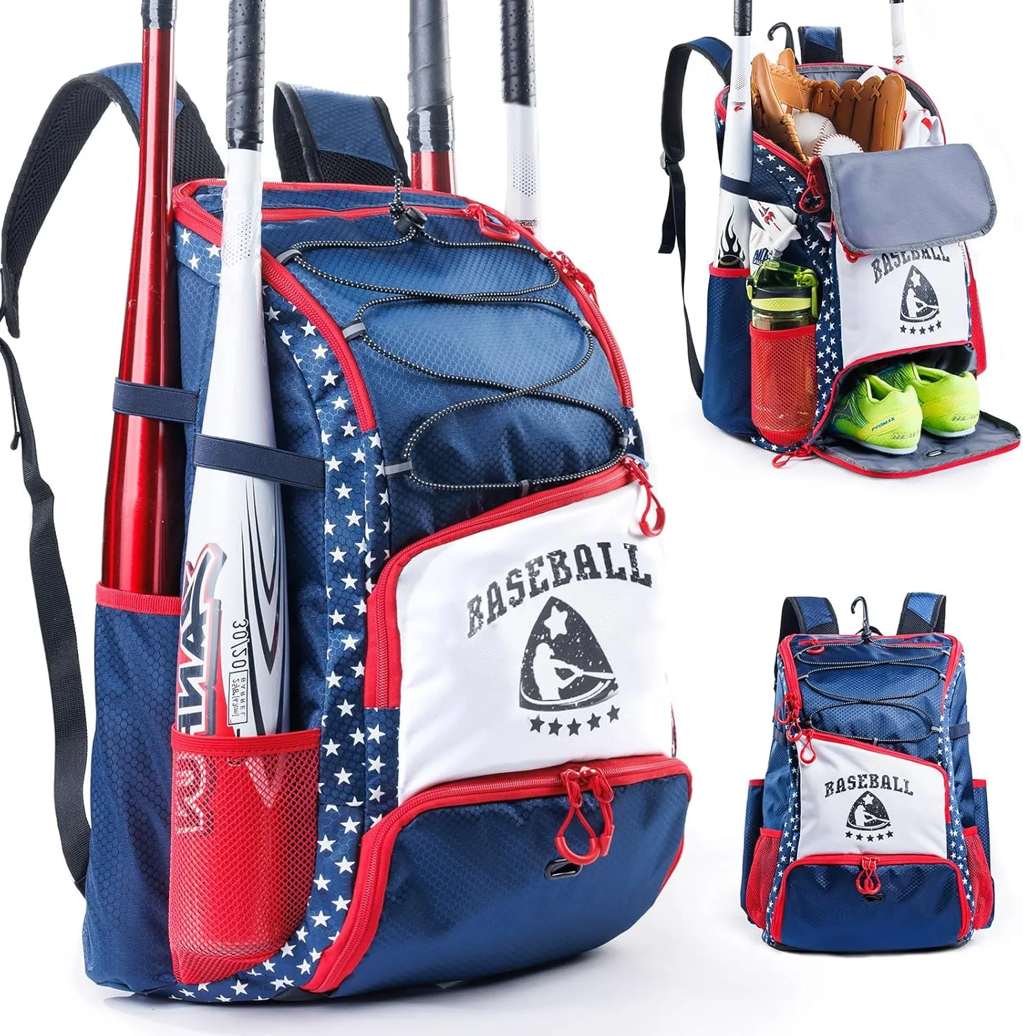 Baseball Bag for Youth & Adult with 4 Bat Sleeves - Softball Bat Bag with Shoe Compartment - Baseball Backpack for T-Ball, Softball Equipment, Baseball Gear, Baseball Bags for Boys 8-12