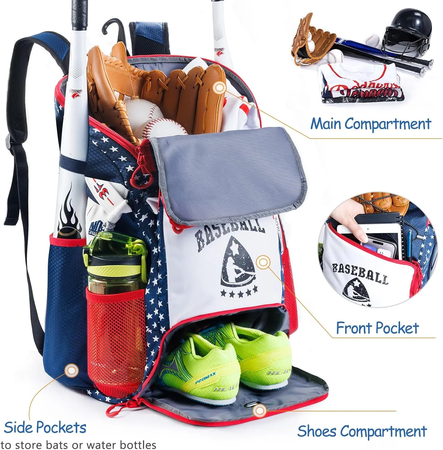 Baseball Bag for Youth & Adult with 4 Bat Sleeves - Softball Bat Bag with Shoe Compartment - Baseball Backpack for T-Ball, Softball Equipment, Baseball Gear, Baseball Bags for Boys 8-12