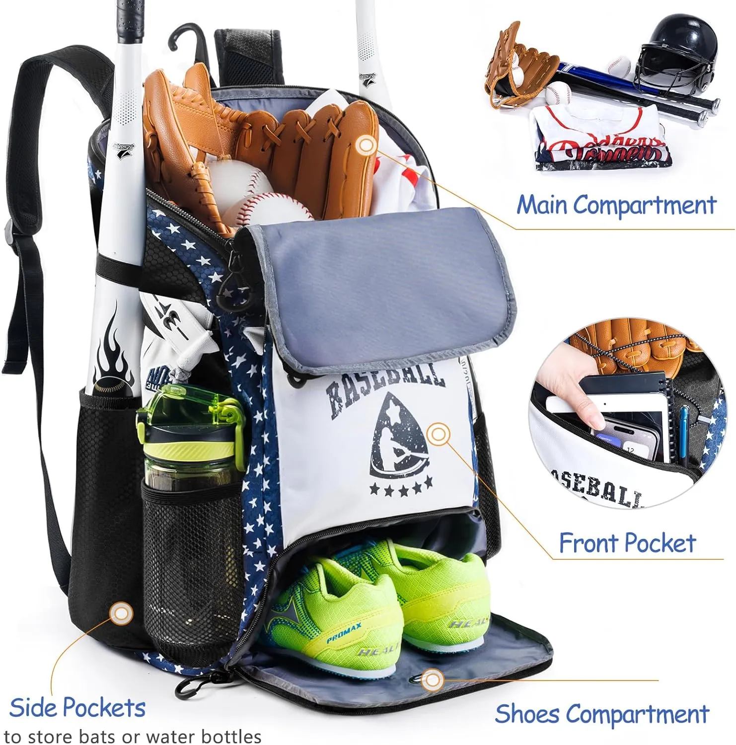 Baseball Bag for Youth & Adult with 4 Bat Sleeves - Softball Bat Bag with Shoe Compartment - Baseball Backpack for T-Ball, Softball Equipment, Baseball Gear, Baseball Bags for Boys 8-12