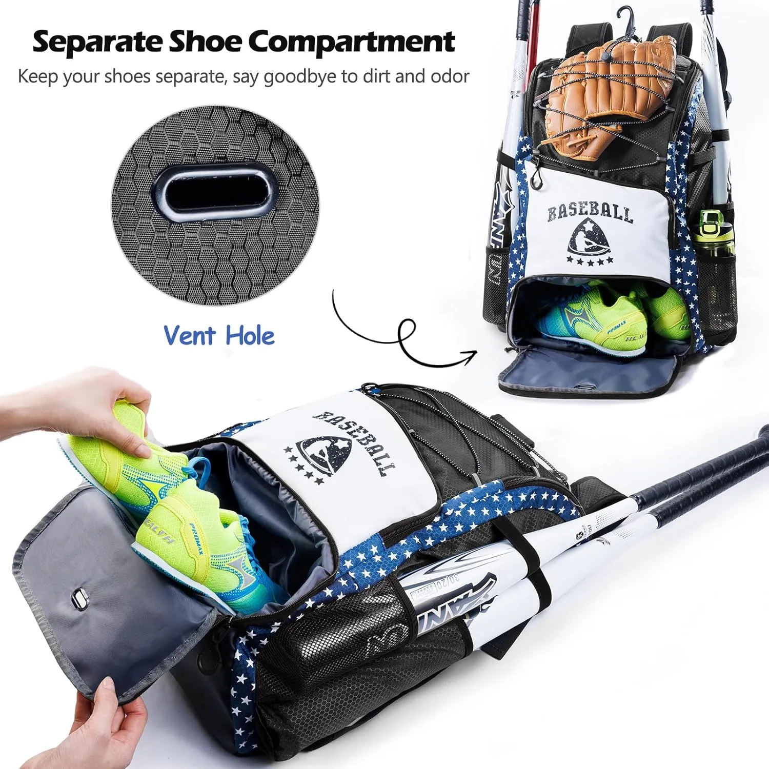 Baseball Bag for Youth & Adult with 4 Bat Sleeves - Softball Bat Bag with Shoe Compartment - Baseball Backpack for T-Ball, Softball Equipment, Baseball Gear, Baseball Bags for Boys 8-12