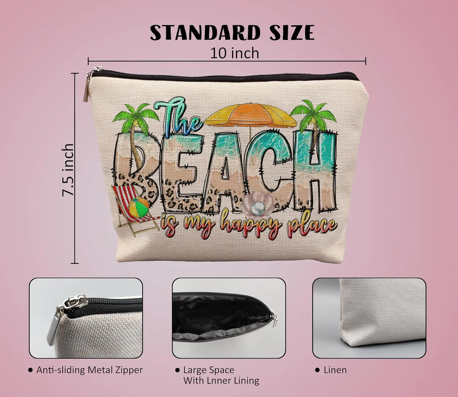 Beach Makeup Bag, Beach Gifts for Women Friends, Gifts for a Beach Lover, Beach Vacation Gifts, The Beach is My Happy Place Makeup Cosmetic Bag for Purse, Beachy Gifts