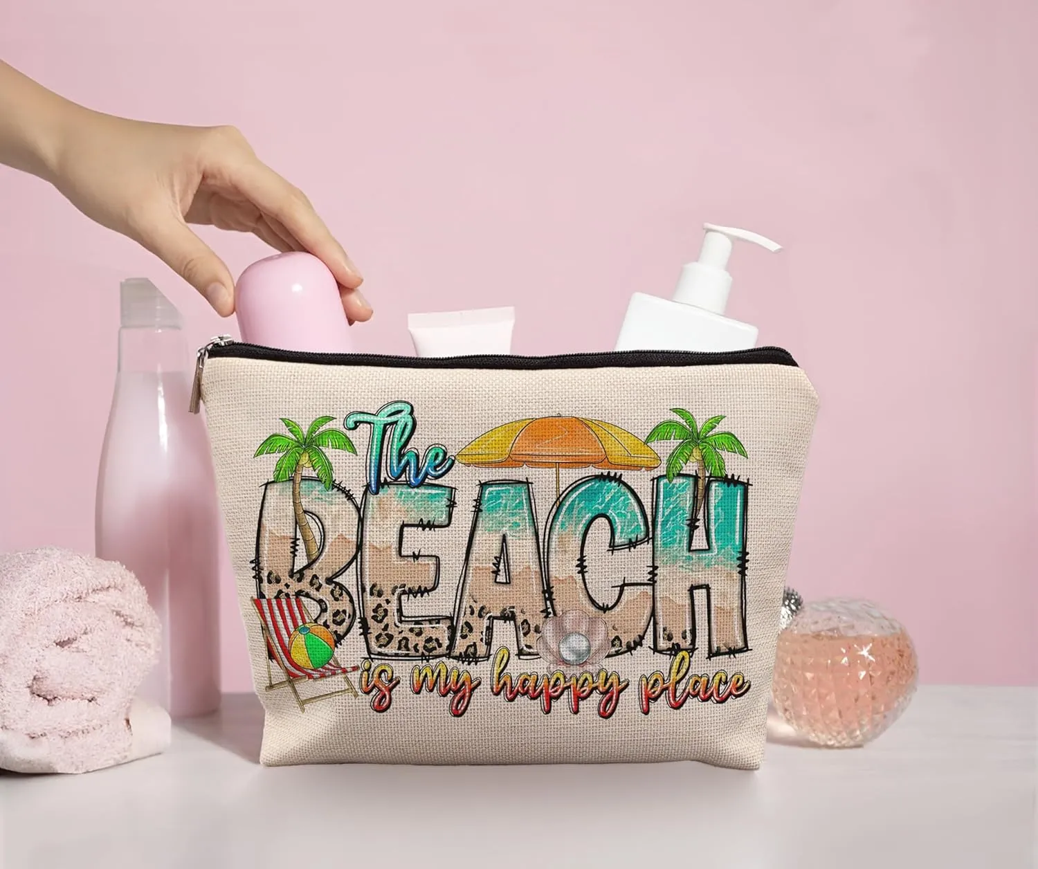 Beach Makeup Bag, Beach Gifts for Women Friends, Gifts for a Beach Lover, Beach Vacation Gifts, The Beach is My Happy Place Makeup Cosmetic Bag for Purse, Beachy Gifts