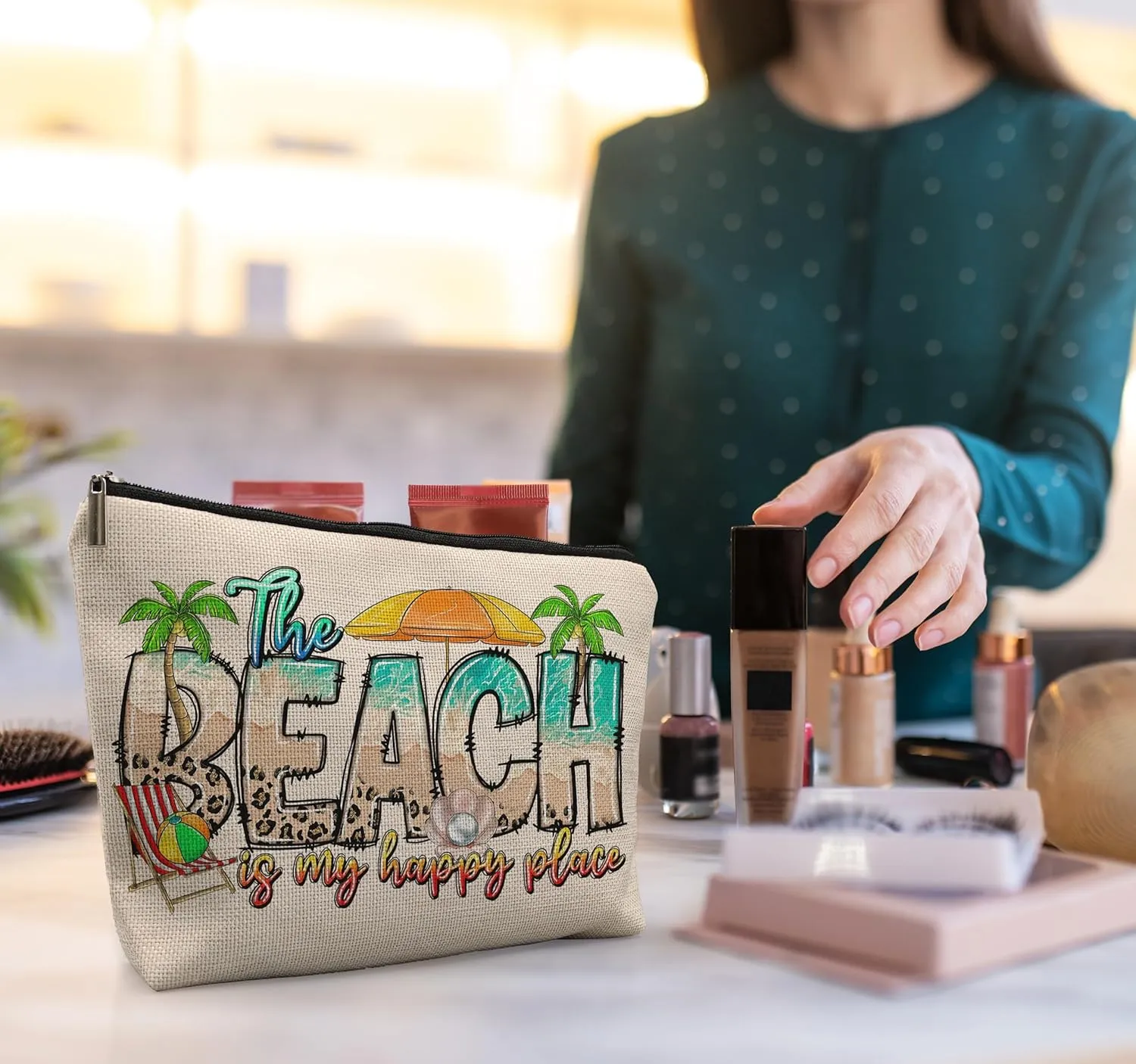 Beach Makeup Bag, Beach Gifts for Women Friends, Gifts for a Beach Lover, Beach Vacation Gifts, The Beach is My Happy Place Makeup Cosmetic Bag for Purse, Beachy Gifts