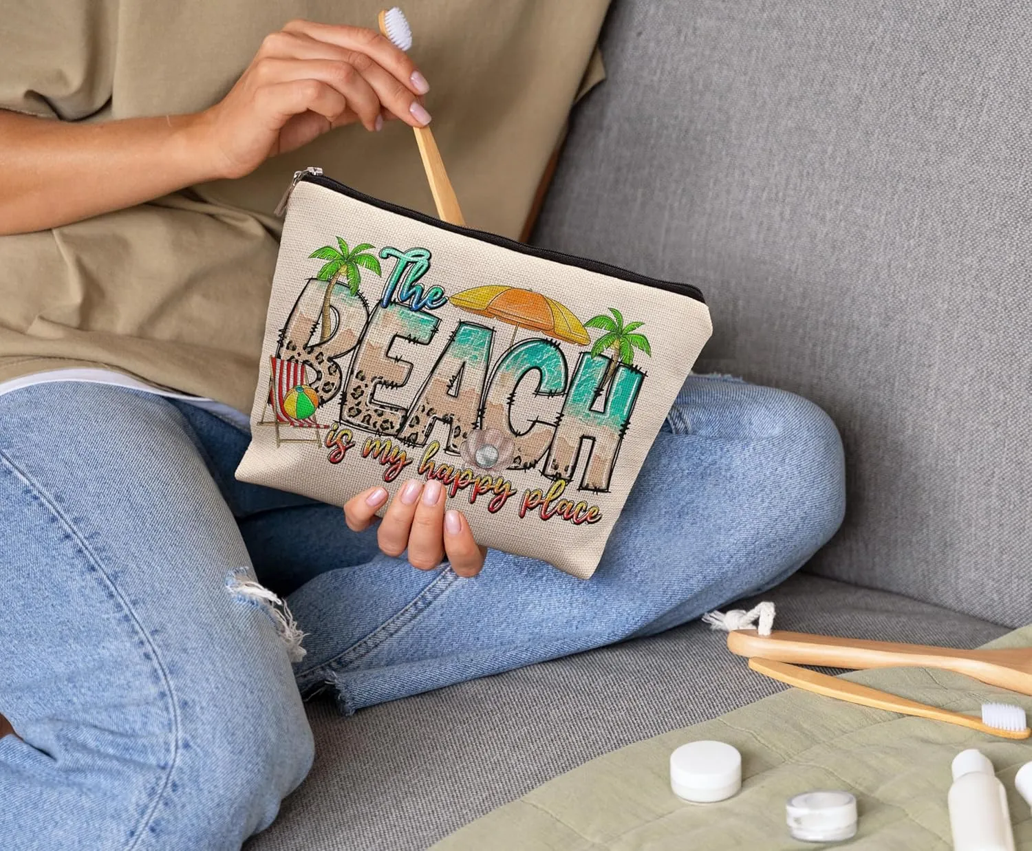 Beach Makeup Bag, Beach Gifts for Women Friends, Gifts for a Beach Lover, Beach Vacation Gifts, The Beach is My Happy Place Makeup Cosmetic Bag for Purse, Beachy Gifts