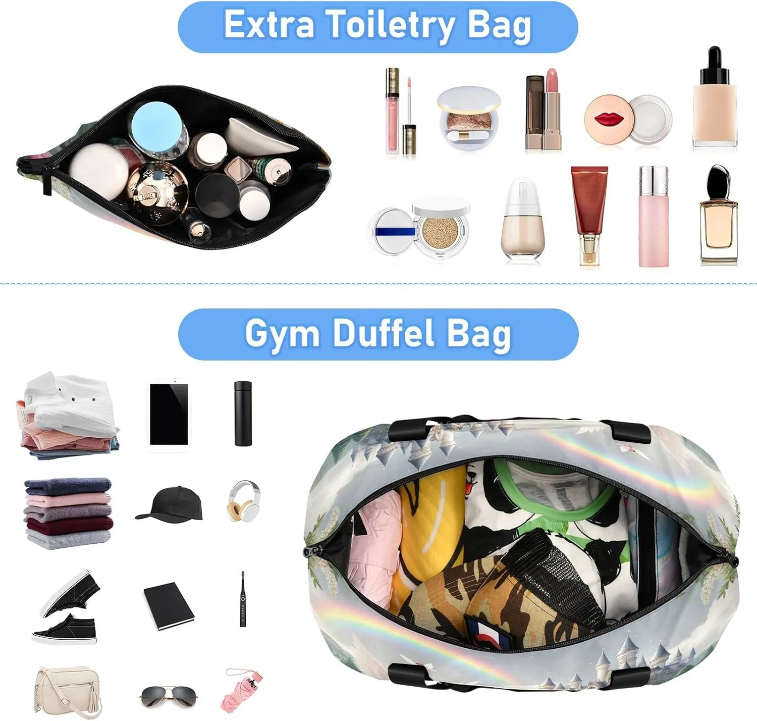 Beautiful Princess with White Unicorn Mens Duffle Bags for Traveling Expandable Football Bag, Womens Weekend Bag with Shoes Compartment