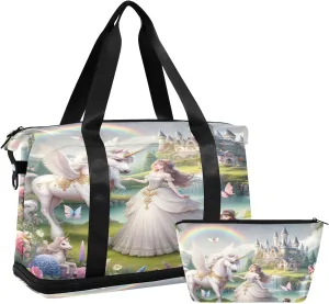 Beautiful Princess with White Unicorn Mens Duffle Bags for Traveling Expandable Football Bag, Womens Weekend Bag with Shoes Compartment