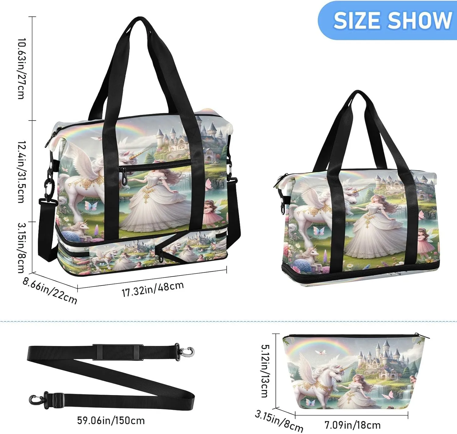 Beautiful Princess with White Unicorn Mens Duffle Bags for Traveling Expandable Football Bag, Womens Weekend Bag with Shoes Compartment