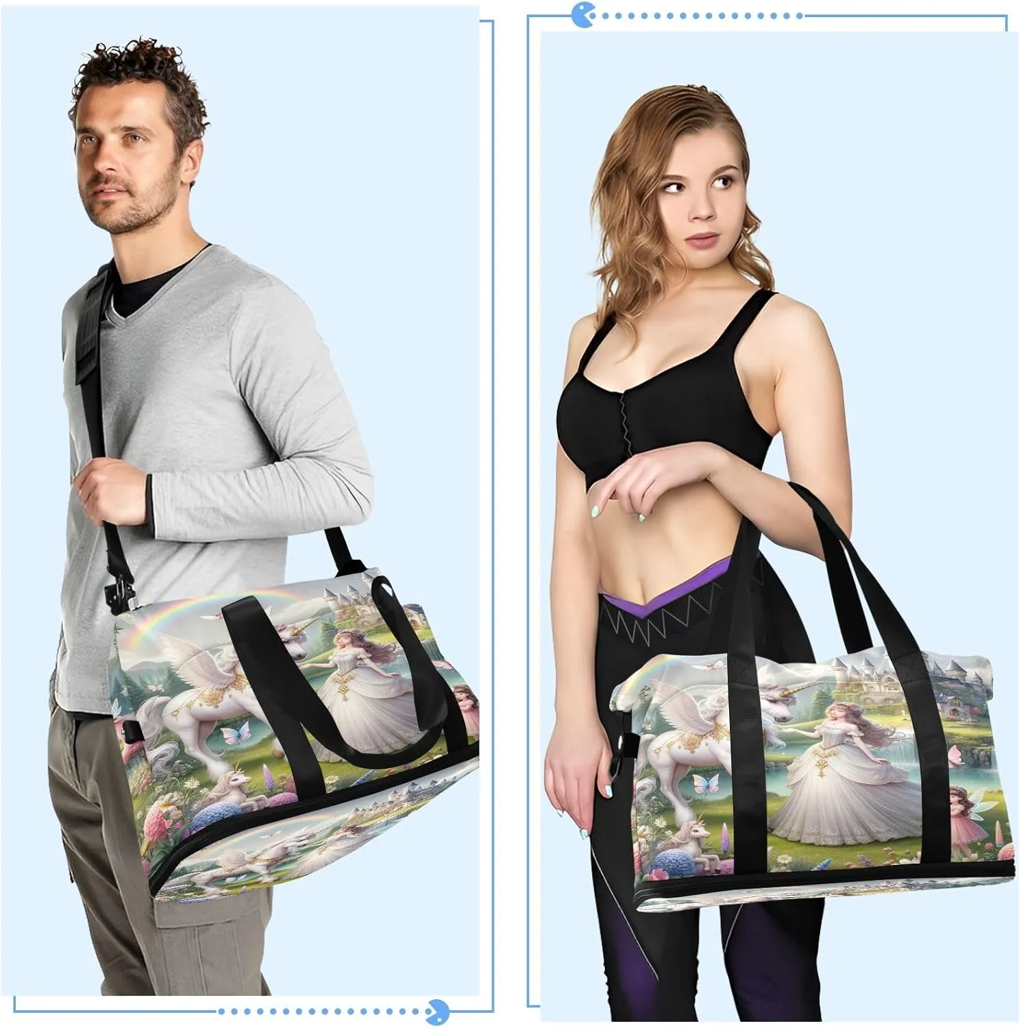 Beautiful Princess with White Unicorn Mens Duffle Bags for Traveling Expandable Football Bag, Womens Weekend Bag with Shoes Compartment
