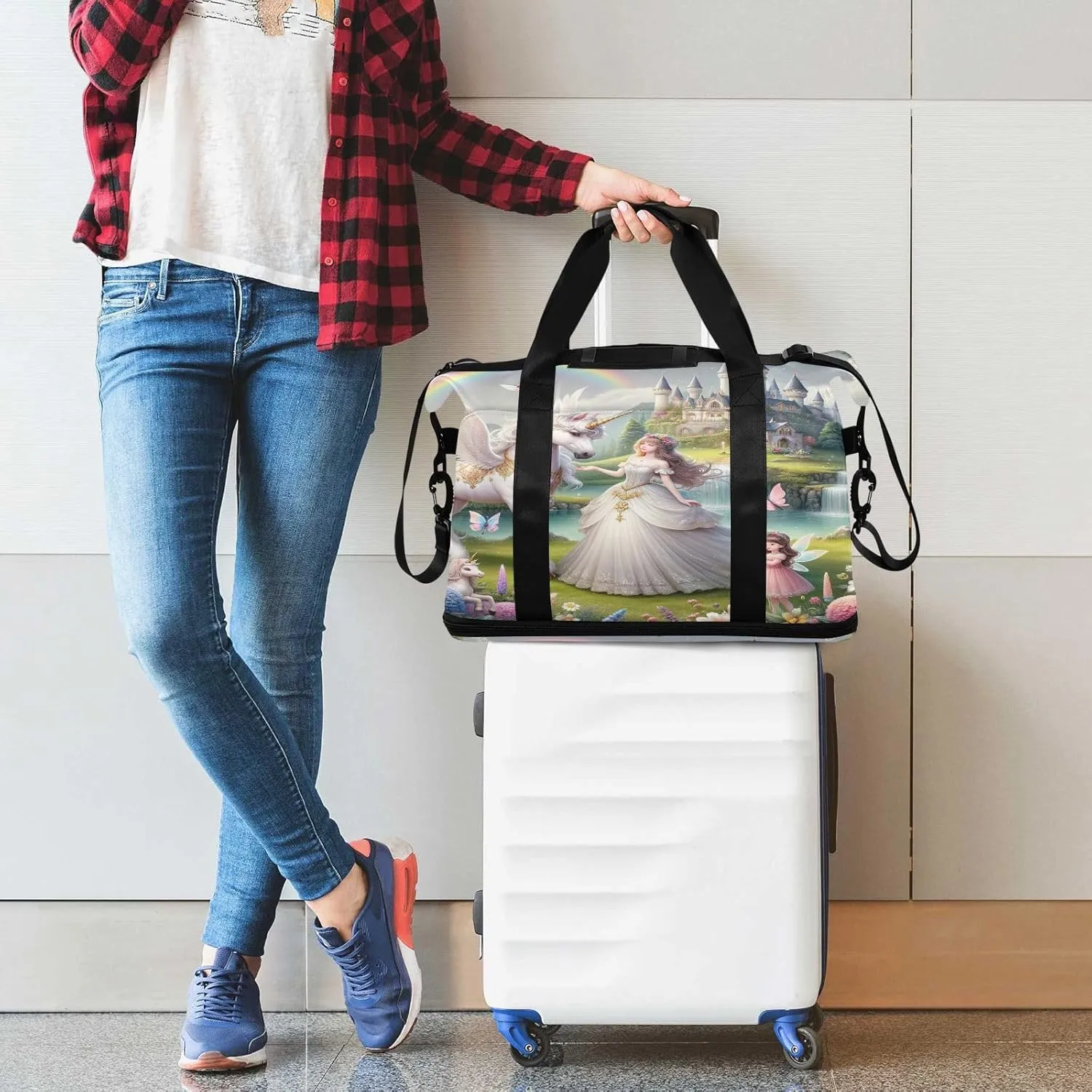 Beautiful Princess with White Unicorn Mens Duffle Bags for Traveling Expandable Football Bag, Womens Weekend Bag with Shoes Compartment