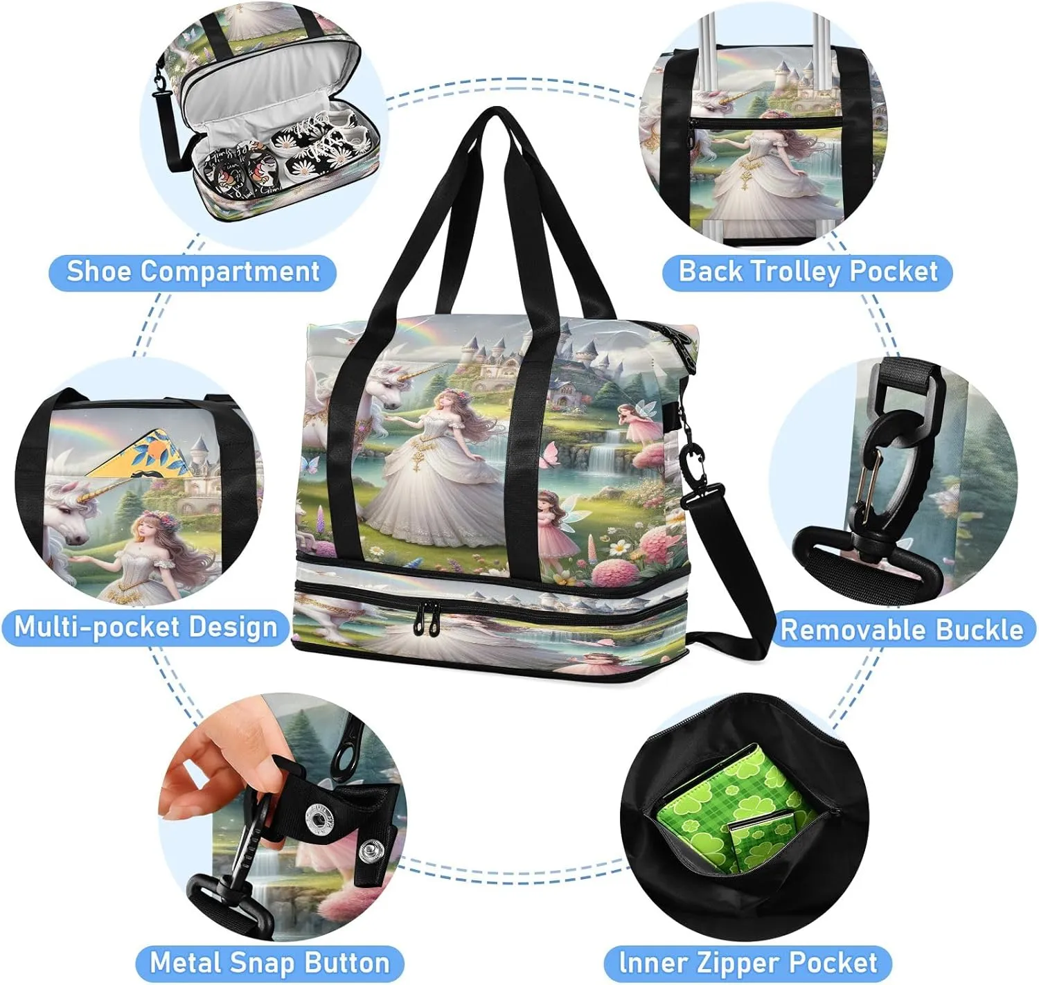 Beautiful Princess with White Unicorn Mens Duffle Bags for Traveling Expandable Football Bag, Womens Weekend Bag with Shoes Compartment