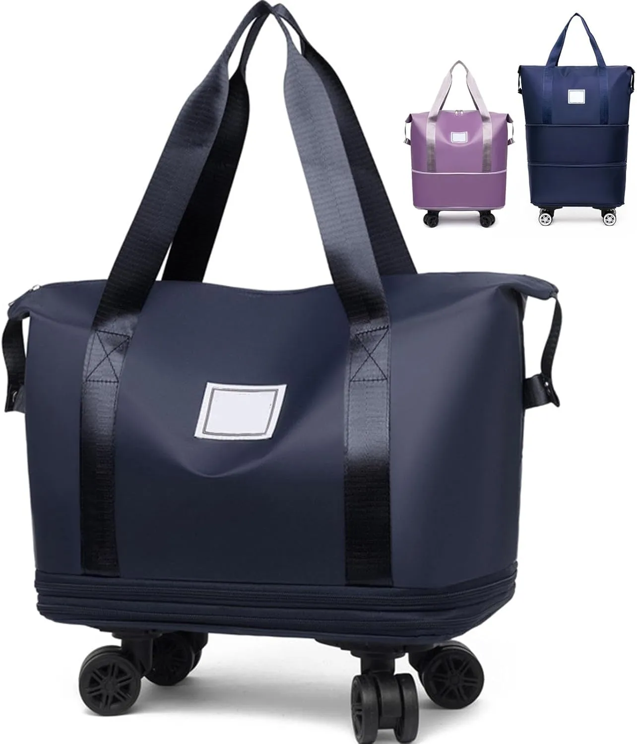 Beente Travel Bag with Wheels, Kulken Rolling Duffle Bag, 28-58L Expandable Foldable Travel Duffel Bag (Dark blue)
