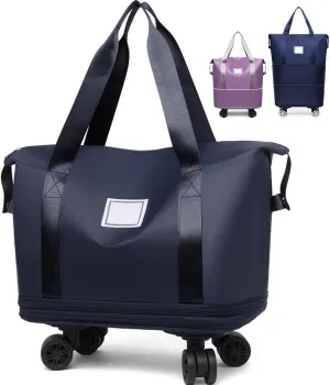 Beente Travel Bag with Wheels, Kulken Rolling Duffle Bag, 28-58L Expandable Foldable Travel Duffel Bag (Dark blue)