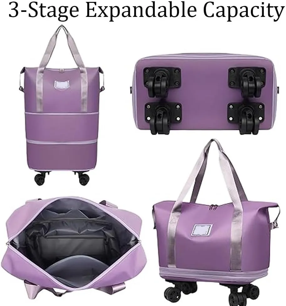 Beente Travel Bag with Wheels, Kulken Rolling Duffle Bag, 28-58L Expandable Foldable Travel Duffel Bag (Dark Purple)
