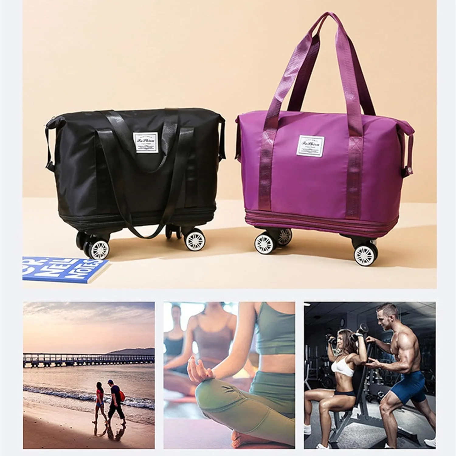 Beente Travel Bag with Wheels, Kulken Rolling Duffle Bag, 28-58L Expandable Foldable Travel Duffel Bag (Dark Purple)