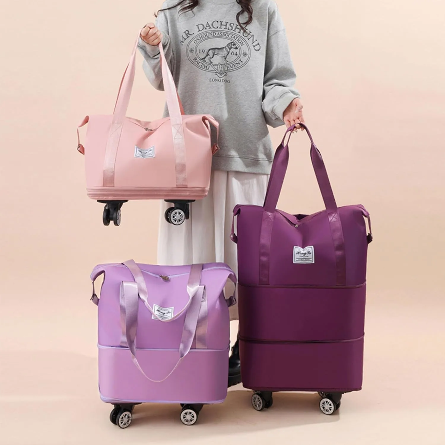 Beente Travel Bag with Wheels, Kulken Rolling Duffle Bag, 28-58L Expandable Foldable Travel Duffel Bag (Light Purple)