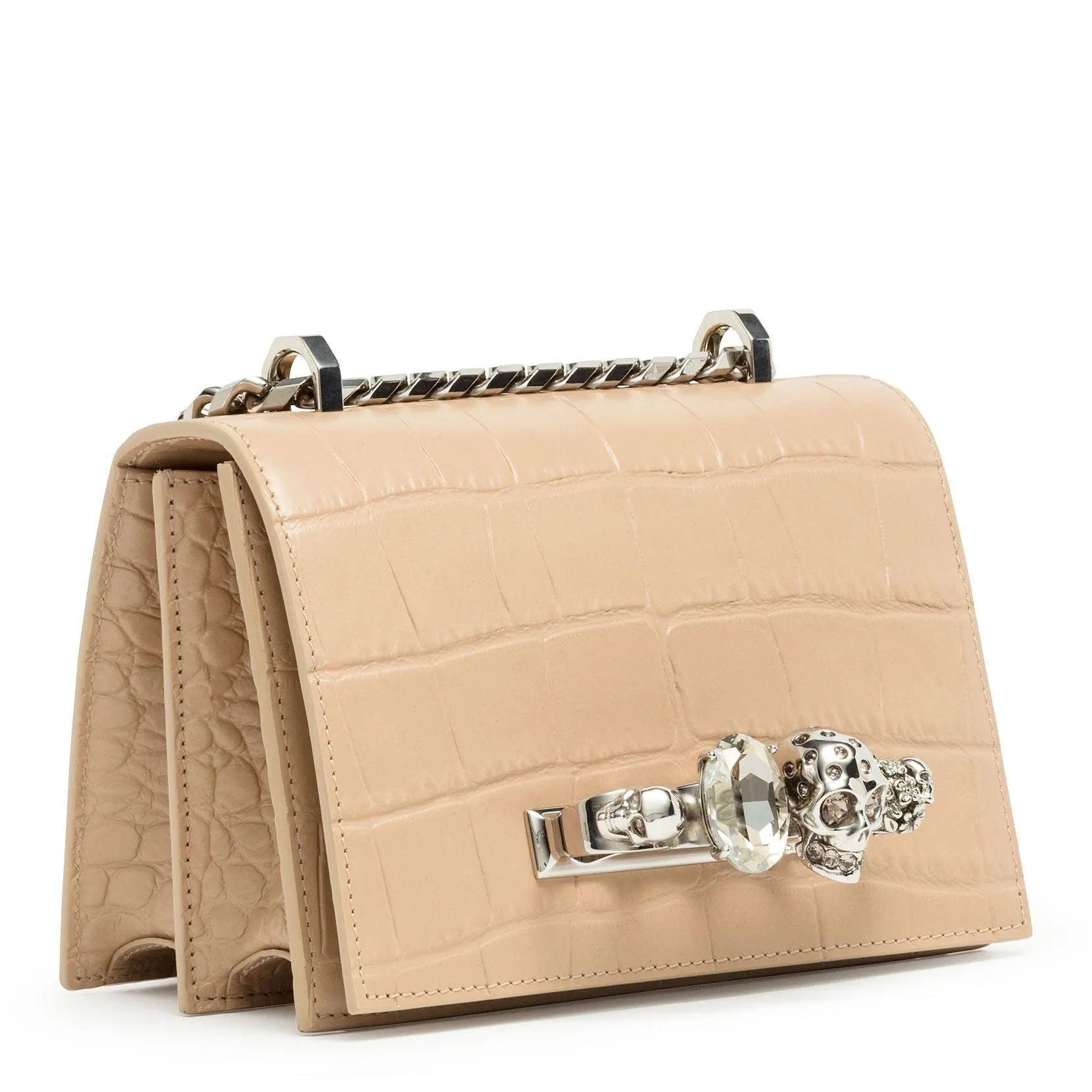 Beige jewelled croco print satchel