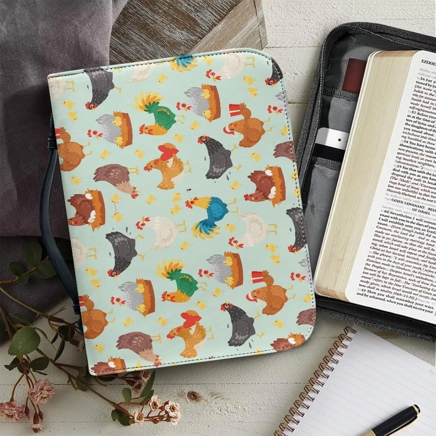 Bible Cover for Women Men Rooster Chicken Bible Tote Bags with Top Handle and Pockets Large Capacity Church Handbags for Study Bible Pray Workship