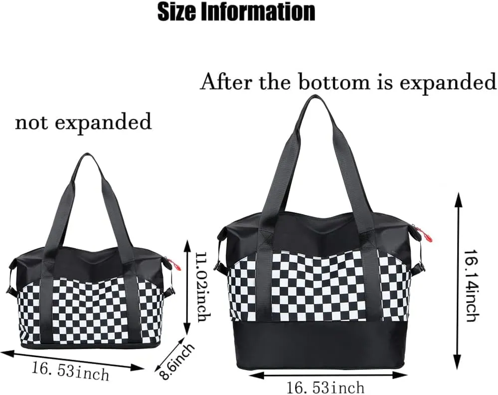 Black and White Checkered Travel Bag - Women's Carry-on for Airplane Seat Storage, Men's Business Briefcase, Versatile Gym Bag With Separate Compartments for Wet and Dry Items