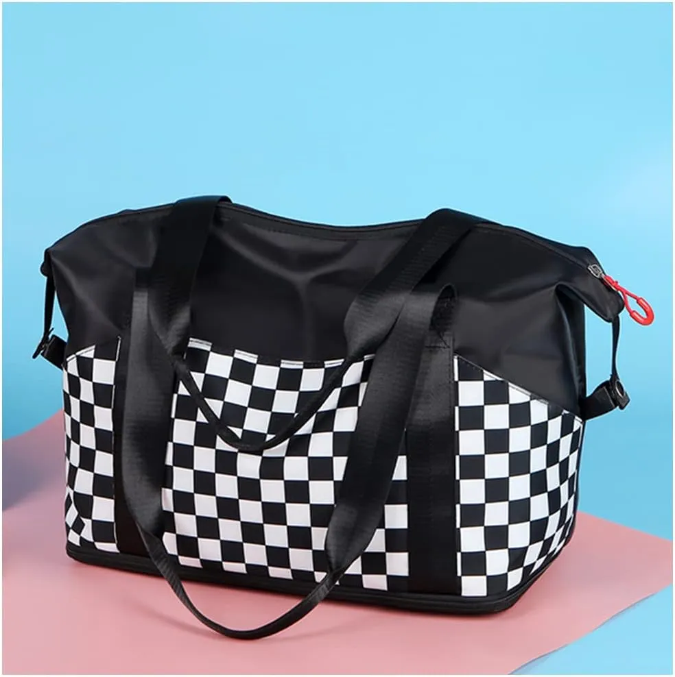 Black and White Checkered Travel Bag - Women's Carry-on for Airplane Seat Storage, Men's Business Briefcase, Versatile Gym Bag With Separate Compartments for Wet and Dry Items