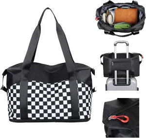 Black and White Checkered Travel Bag - Women's Carry-on for Airplane Seat Storage, Men's Business Briefcase, Versatile Gym Bag With Separate Compartments for Wet and Dry Items