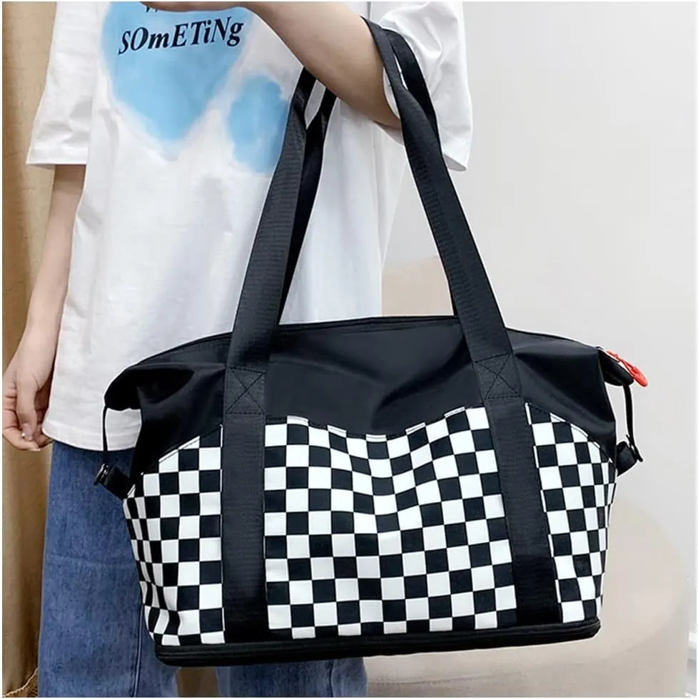 Black and White Checkered Travel Bag - Women's Carry-on for Airplane Seat Storage, Men's Business Briefcase, Versatile Gym Bag With Separate Compartments for Wet and Dry Items