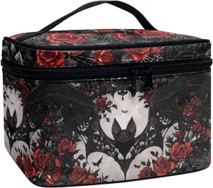 Black Bat Roses Travel Makeup Bag Organizer Toiletry Bag for Women, Gothic Red Spider Web Cosmetic Kit for Toiletries Accessories