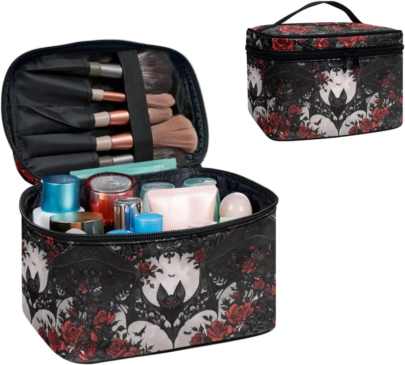 Black Bat Roses Travel Makeup Bag Organizer Toiletry Bag for Women, Gothic Red Spider Web Cosmetic Kit for Toiletries Accessories
