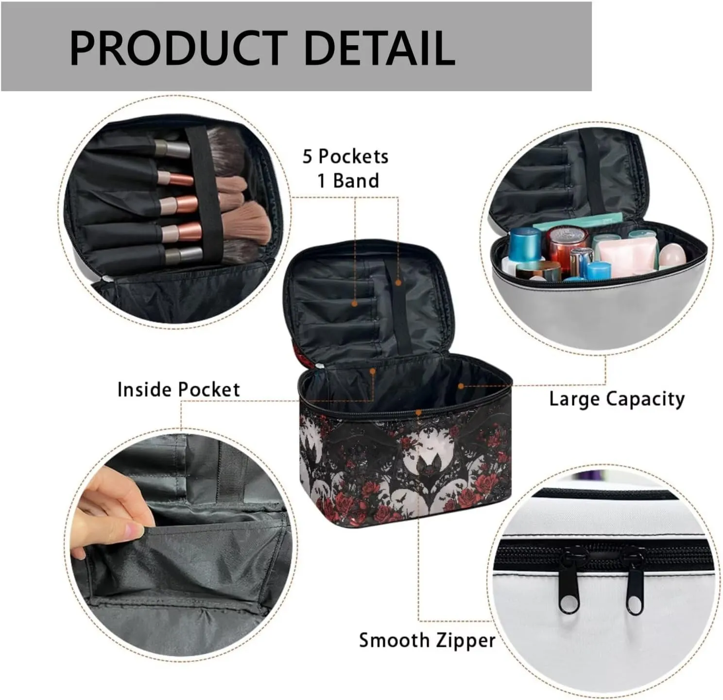 Black Bat Roses Travel Makeup Bag Organizer Toiletry Bag for Women, Gothic Red Spider Web Cosmetic Kit for Toiletries Accessories