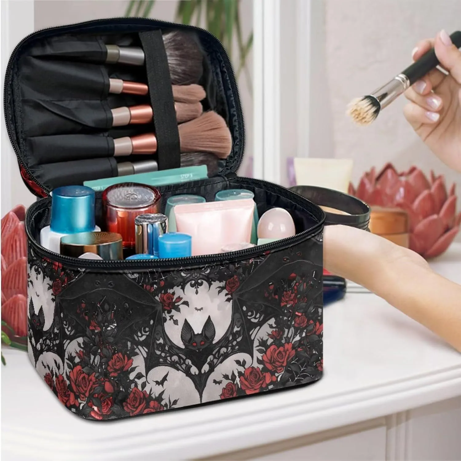 Black Bat Roses Travel Makeup Bag Organizer Toiletry Bag for Women, Gothic Red Spider Web Cosmetic Kit for Toiletries Accessories