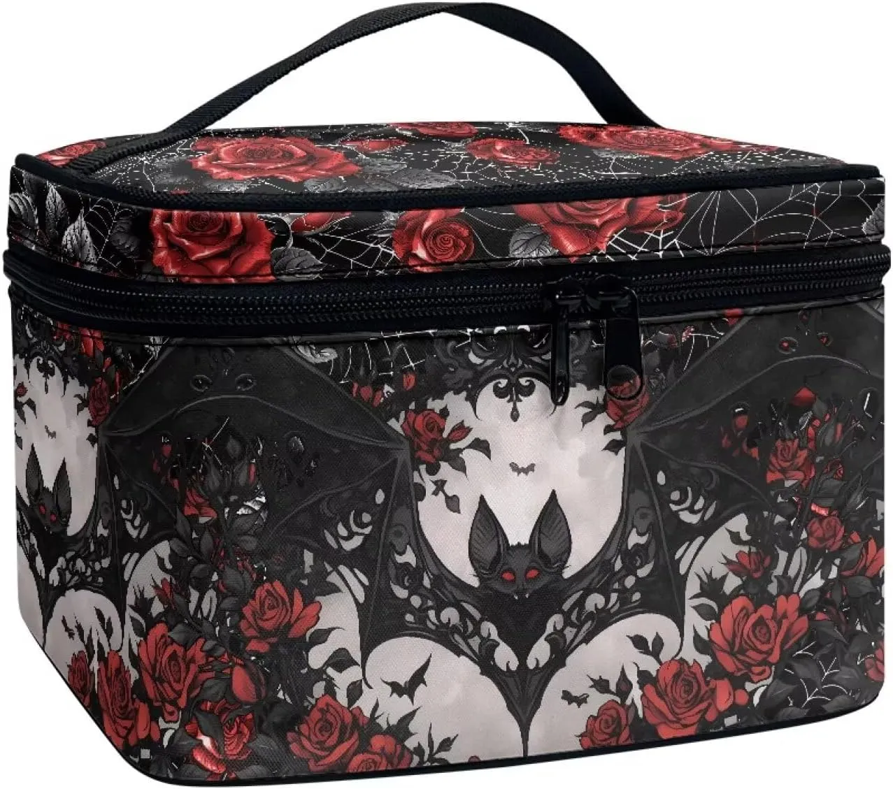 Black Bat Roses Travel Makeup Bag Organizer Toiletry Bag for Women, Gothic Red Spider Web Cosmetic Kit for Toiletries Accessories