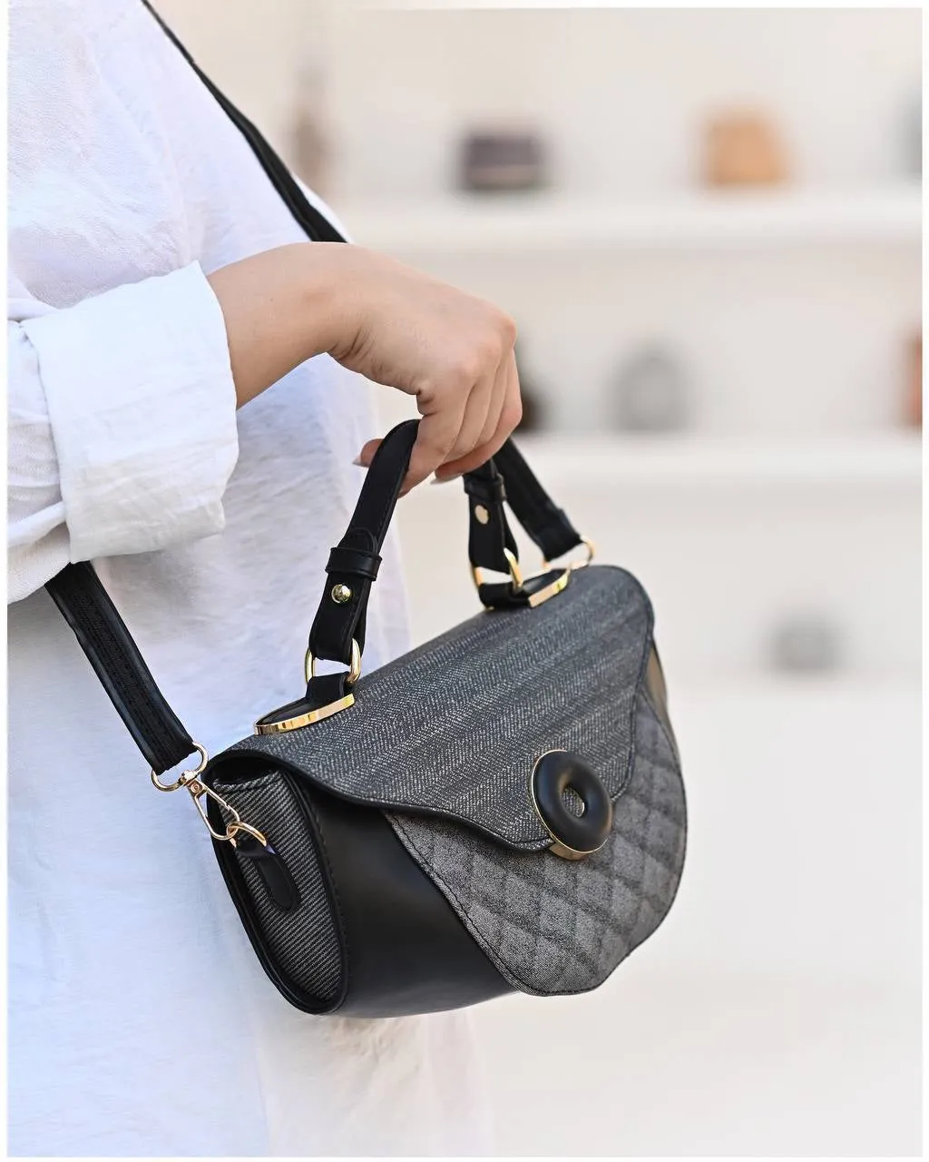 Black Self Patterned Crossbody Bag